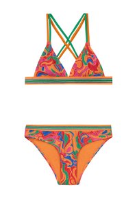 Pánt nélküli bikini szett több színben, absztrakt mintával rózsaszín, zöld és narancssárga színekben. A felső része háromszög alakú, keresztezett pántokkal; az alsó rész hasonló dizájnnal készült.