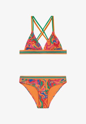 Bikini set with multicolored abstract patterns in pink, green, and orange. Top features a triangular shape with crisscross straps; bottom has a matching design.