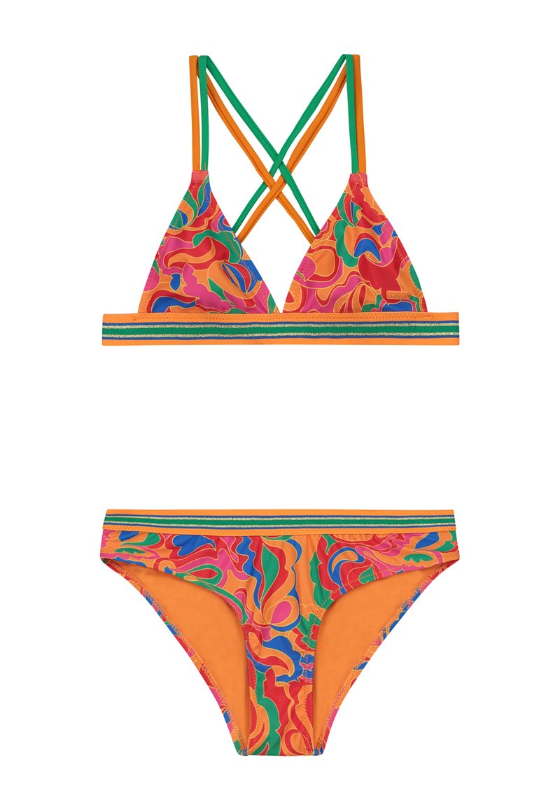 Pánt nélküli bikini szett több színben, absztrakt mintával rózsaszín, zöld és narancssárga színekben. A felső része háromszög alakú, keresztezett pántokkal; az alsó rész hasonló dizájnnal készült.