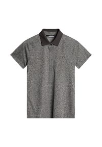 Korte mouwen polo shirt in donkergrijs met een textuurpatroon, antracietkleurige kraag en een klein logo aan de linkerkant.