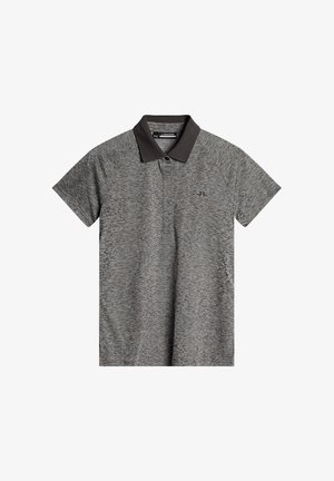Polo à manches courtes en gris foncé avec un motif texturé, col charbon et un petit logo sur le côté gauche.