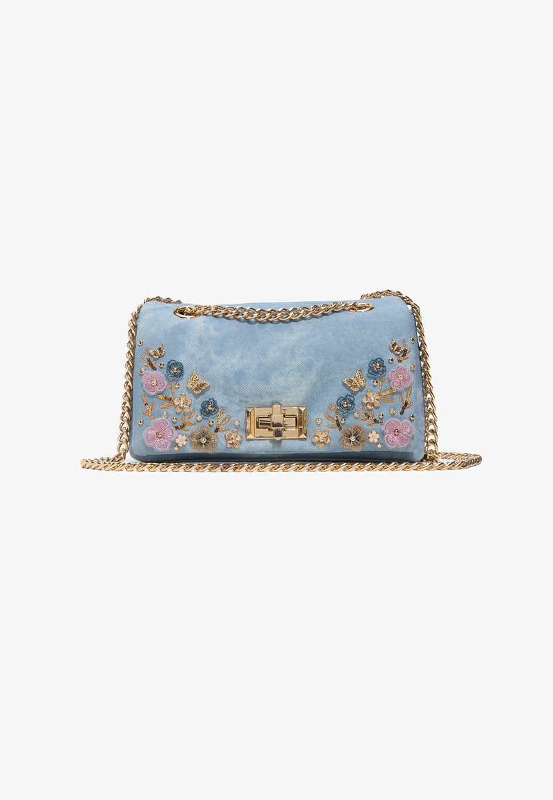 Light blue clutch bag with gold chain strap, floral embroidery, butterfly details, and a rectangular gold turn-lock clasp on front.