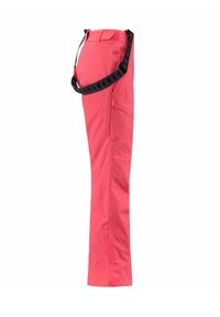 Pantaloni rosa acceso in tessuto leggero, con cinturino nero regolabile e tasche laterali. Include dettaglio del logo in rilievo.