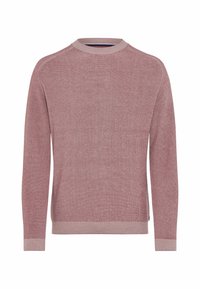 Lichtrood geribbeld sweater met een ronde hals, lange mouwen en contrasterende manchetten. Zachte textuur; minimalistisch ontwerp zonder zichtbare patronen.