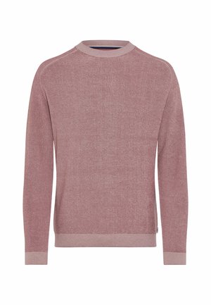 Maglione a coste rosso chiaro con scollatura a girocollo, maniche lunghe e polsini a contrasto. Texture morbida; design minimalista senza motivi visibili.