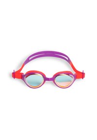 Gogle pływackie z fioletowo-pomarańczowym silikonowym paskiem, niebieskimi, refleksyjnymi soczewkami i opływowym owalnym kształtem zmniejszającym opór.