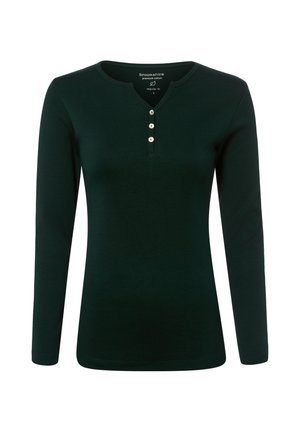 Long-sleeve dark green cotton shirt with three white buttons and regular fit, no visible patterns or logos on the front.