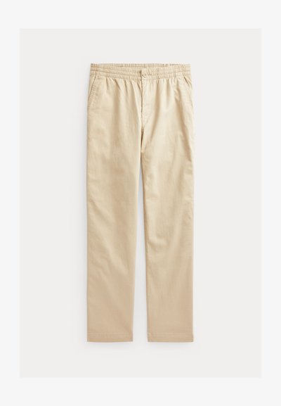 Pantalones de mezcla de algodón beige con cintura elástica, cierre de botón y bolsillos laterales. Diseño de pierna recta con detalles de costura mínimos.