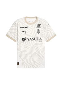 Hvid kortærmet trøje med geometriske beige mønstre, PUMA-logo og sponsortekst. Rund halsudskæring og blødt stof med en let tekstur.