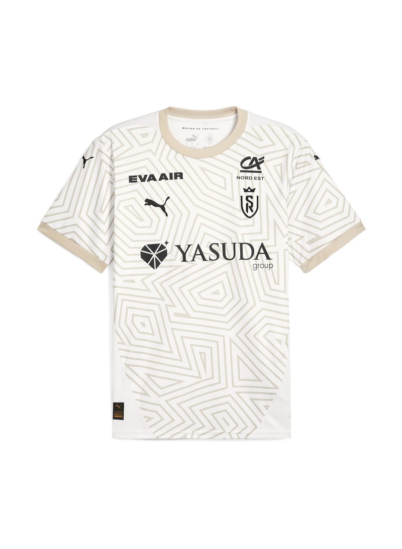 Hvid kortærmet trøje med geometriske beige mønstre, PUMA-logo og sponsortekst. Rund halsudskæring og blødt stof med en let tekstur.
