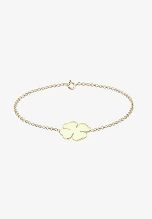 Guld kædearmbånd med et pendants af en firkløver; glat overflade med poleret finish og lukning med en hummerklips.