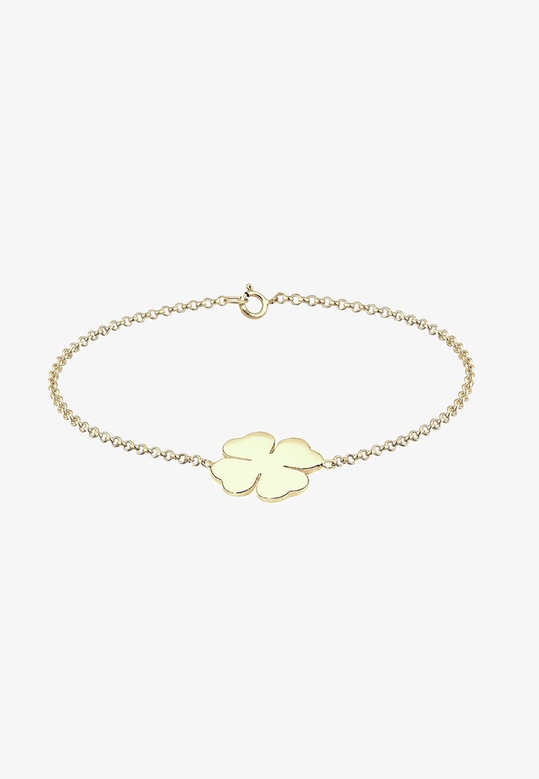 Guld kædearmbånd med et pendants af en firkløver; glat overflade med poleret finish og lukning med en hummerklips.