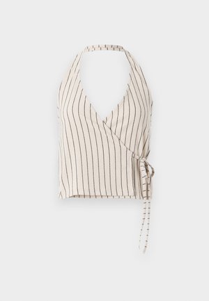 Wrap top in beige fabric with vertical black stripes. Features a deep V-neck, halter neck design, and tie closure on the side.