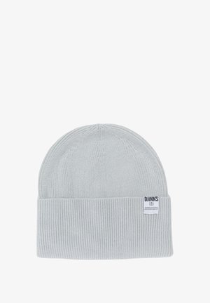 Bonnet côtelé gris clair avec revers plié et petite étiquette rectangulaire sur le côté du revers indiquant "DJINNS".