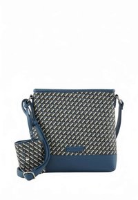 Pārnēsājama soma ar austo rakstu zilos toņos, ādas apdare un noņemama somiņa. Gluda tekstūra, strukturēts dizains.