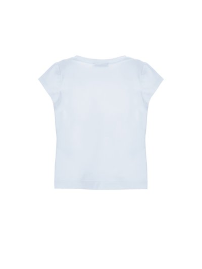 Λευκό μονόχρωμο κοντομάνικο T-shirt απλωμένο επίπεδα, εμφανίζοντας την πίσω πλευρά με στρογγυλή λαιμόκοψη και χωρίς ορατό σχέδιο ή κείμενο.