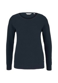 Pull bleu marine avec un motif de gaufre texturé, col rond, manches longues et poignets et ourlet côtelés. Petite accent de logo sur le côté.