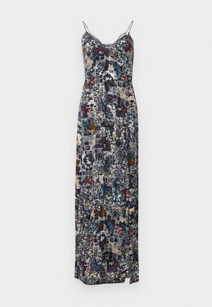Abito lungo con spalline regolabili, tessuto a fantasia in navy, crema e dettagli floreali e di farfalle multicolori, materiale leggero.