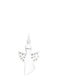 Ciondolo in argento a forma di angelo con superficie liscia e lucida, decorato con pietre trasparenti sulle ali. Marcato "925" per argento sterling.
