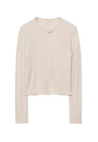 Crèmekleurige geribde gebreide cropped cardigan met lange mouwen, ronde halslijn en knoopsluiting aan de voorkant.