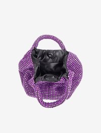 Purple handbag covered in rhinestones with a soft black satin interior and two handles for carrying. Open top with a magnetic closure.
