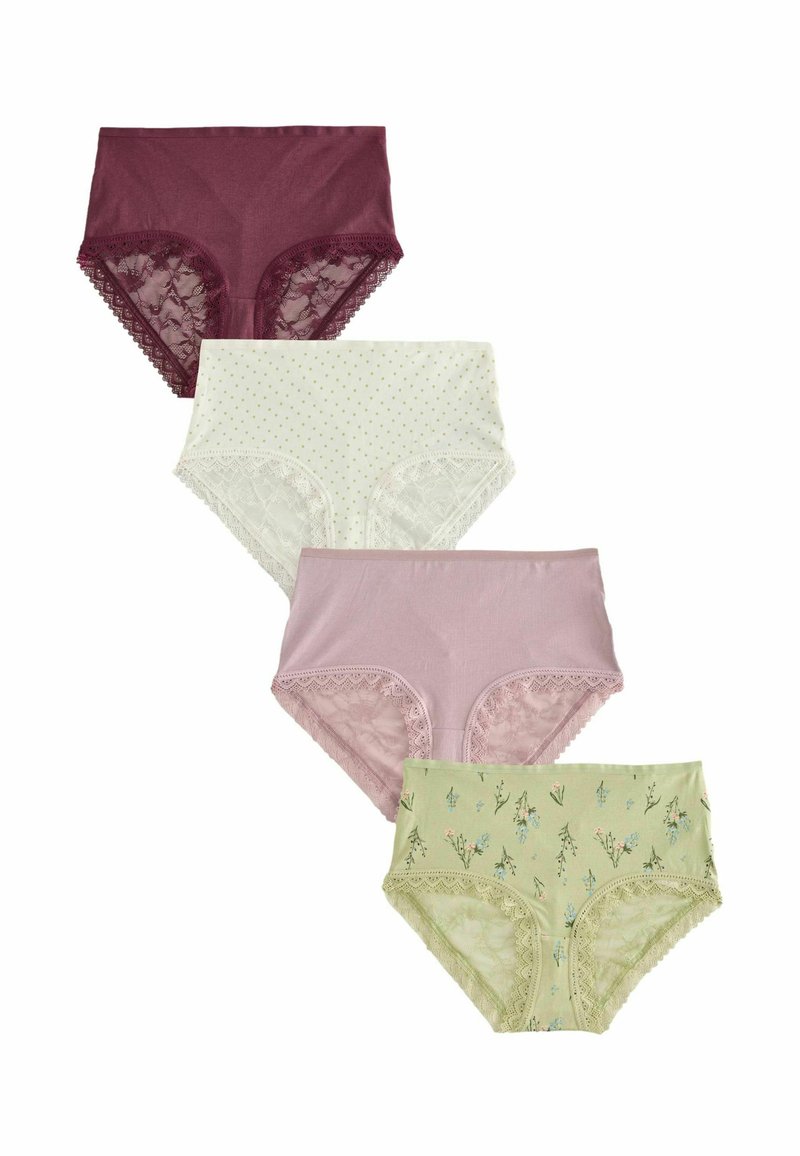 Set van vier hoge taille onderbroeken: diep bordeaux met kant, crèmekleurig met stippen en kant, zachtroze en groen met bloemenprint en kant.