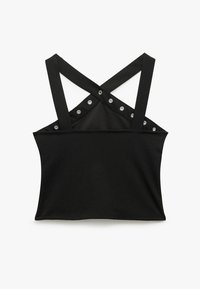 Sort cropped tank top med brede krydsede stropper og sølvfarvede øjer detaljer i nakken på ryggen mod en hvid baggrund.