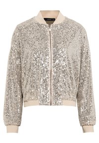Pailletten-Bomberjacke in Hellbeige mit Reißverschluss vorne, gerippten Bündchen und Saum. Verfügt über eine strukturierte Oberfläche, die Licht reflektiert.