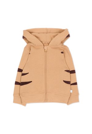 Sweat à capuche beige pour tout-petit avec fermeture éclair à l'avant, capuche, et motifs de rayures de tigre brun foncé sur les manches et le corps.