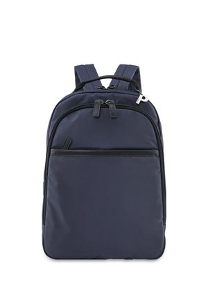 Navy blue backpack with padded shoulder straps, front zippered pocket, top handle, and dual zippers on main compartment.