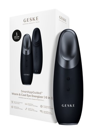 Appareil noir GESKE Warm & Cool Eye Energizer avec boutons et emballage mettant en avant les fonctions 6-en-1, notamment le réchauffement, le refroidissement, le massage et le scan de la peau.