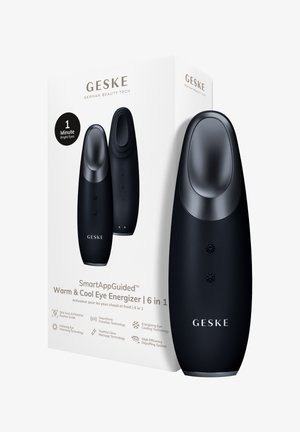 Appareil noir GESKE Warm & Cool Eye Energizer avec boutons et emballage mettant en avant les fonctions 6-en-1, notamment le réchauffement, le refroidissement, le massage et le scan de la peau.