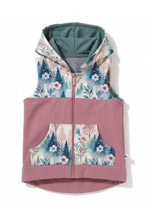 Bezrękawnik na zamek z kapturem, materiał w kolorze pyłowego różu, kwiatowy i leśny nadruk na piersi, kieszeni i podszewce kaptura.