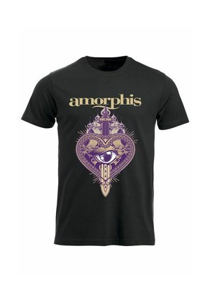 Sort t-shirt med et stort pink hjerte design med et øje og sværd motiv. Teksten "amorphis" i fed guld over grafikken. Fremstillet af bomuldsmateriale.