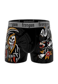 Boxer shorts noirs avec un design de crâne et de faucheuse, dotés d'une ceinture élastique grise et d'accents colorés de chat et de fleurs.
