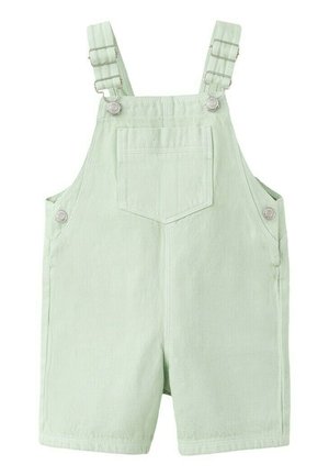 Salopette courte en jean vert clair pour tout-petit, avec bretelles réglables et une poche poitrine à l'avant.