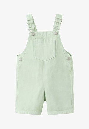 Svijetlozelene traper hlačice za malu djecu, s podesivim naramenicama i prednjim džepom na prsima.