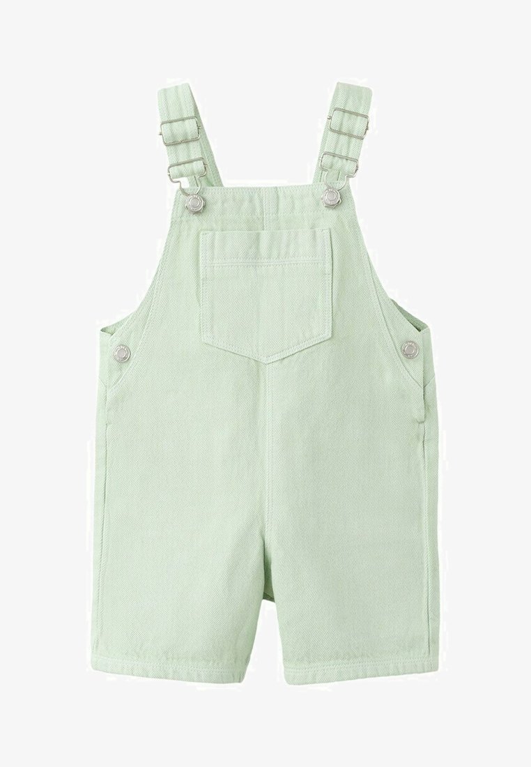 Salopette courte en jean vert clair pour tout-petit, avec bretelles réglables et une poche poitrine à l'avant.
