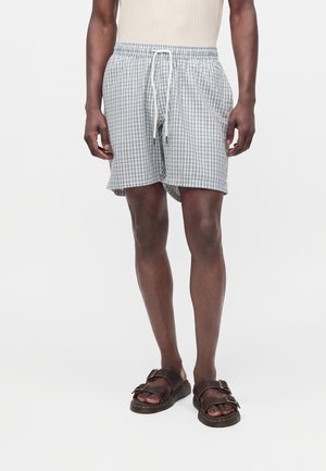 Männliches Modell trägt hellblaue und weiß karierte Shorts mit Kordelzug und dunkelbraune Sandalen mit Schnallen, steht vor einem einfarbigen Hintergrund.