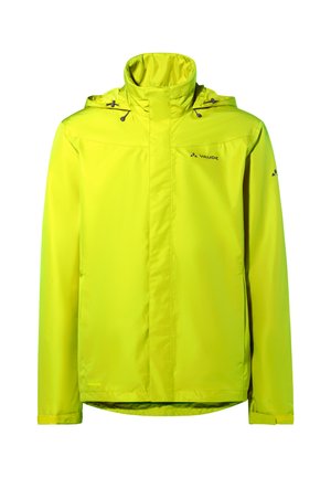 Helle gelbe, wasserdichte Jacke mit hohem Kragen, verstellbarem Kapuzen und elastischen Bündchen. Verfügt über glattes Material und kontrastierendes Logo.