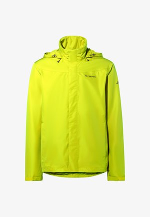 Felgeel, waterdichte jas met een hoge kraag, verstelbare capuchon en elastische manchetten. Heeft een gladde stof en contrasterend logo.