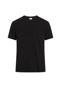 T-shirt nera a maniche corte in morbido cotone, caratterizzata da un design a girocollo e una texture liscia senza motivi o accenti visibili.