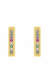 Pendientes rectangulares en tono dorado que presentan una fila vertical de piedras preciosas coloridas: azul, lavanda, rosa, verde y transparente, con detalles texturizados.