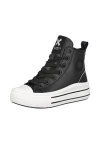 Zapatilla alta negra con suela y puntera de goma blanca, cordones negros y parche con el logo de la marca en la lengüeta y el lateral.