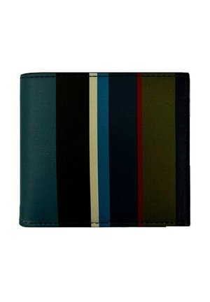 Portafoglio pieghevole in pelle liscia, con strisce verticali multicolori in verde, blu, nero e bordeaux, bordi cuciti e design elegante.