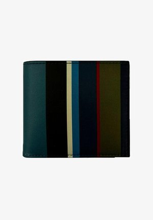 Portafoglio pieghevole in pelle liscia, con strisce verticali multicolori in verde, blu, nero e bordeaux, bordi cuciti e design elegante.