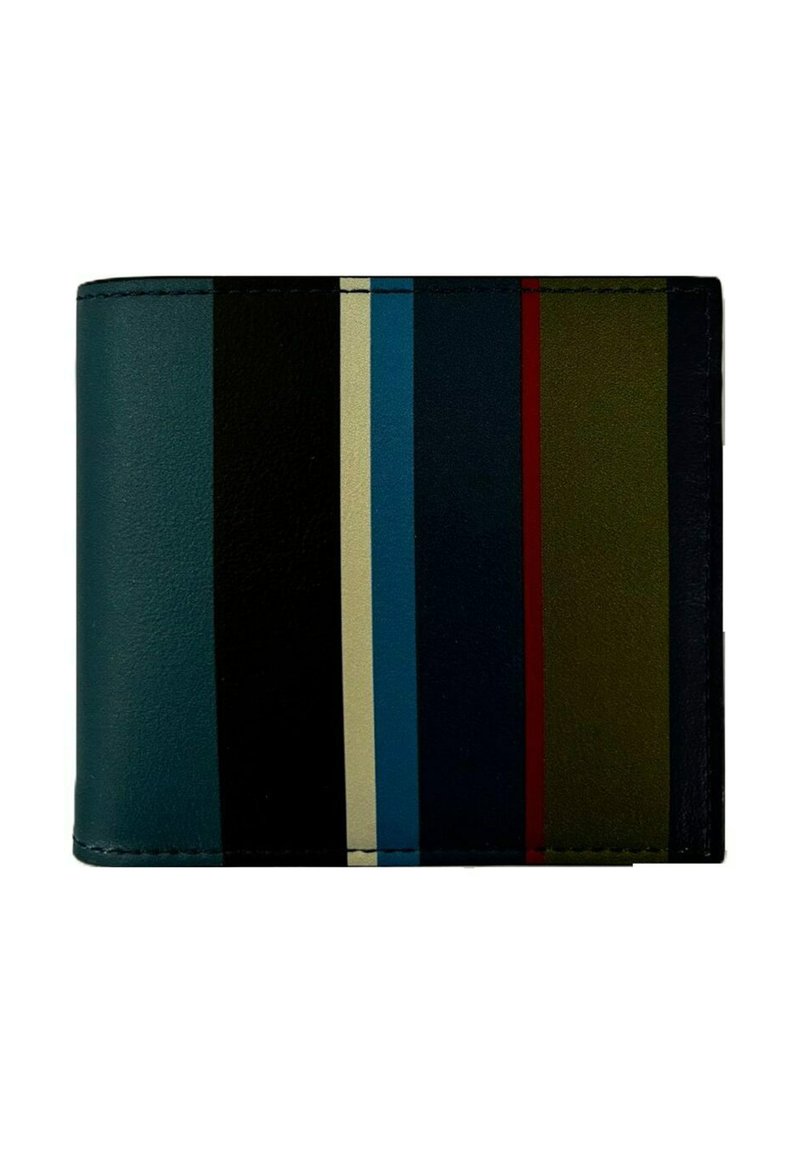 Portafoglio pieghevole in pelle liscia, con strisce verticali multicolori in verde, blu, nero e bordeaux, bordi cuciti e design elegante.