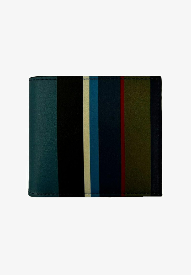 Portafoglio pieghevole in pelle liscia, con strisce verticali multicolori in verde, blu, nero e bordeaux, bordi cuciti e design elegante.