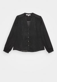 Blusa nera a maniche lunghe con pattern testurizzato a coccodrillo, chiusura con bottoni davanti e colletto nero solido. Materiale trasparente con dettagli di maniche arricciate.