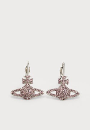 Pink beaded earrings with a crown design, featuring intricate patterns of sparkling stones, set in silver-tone metal hardware.